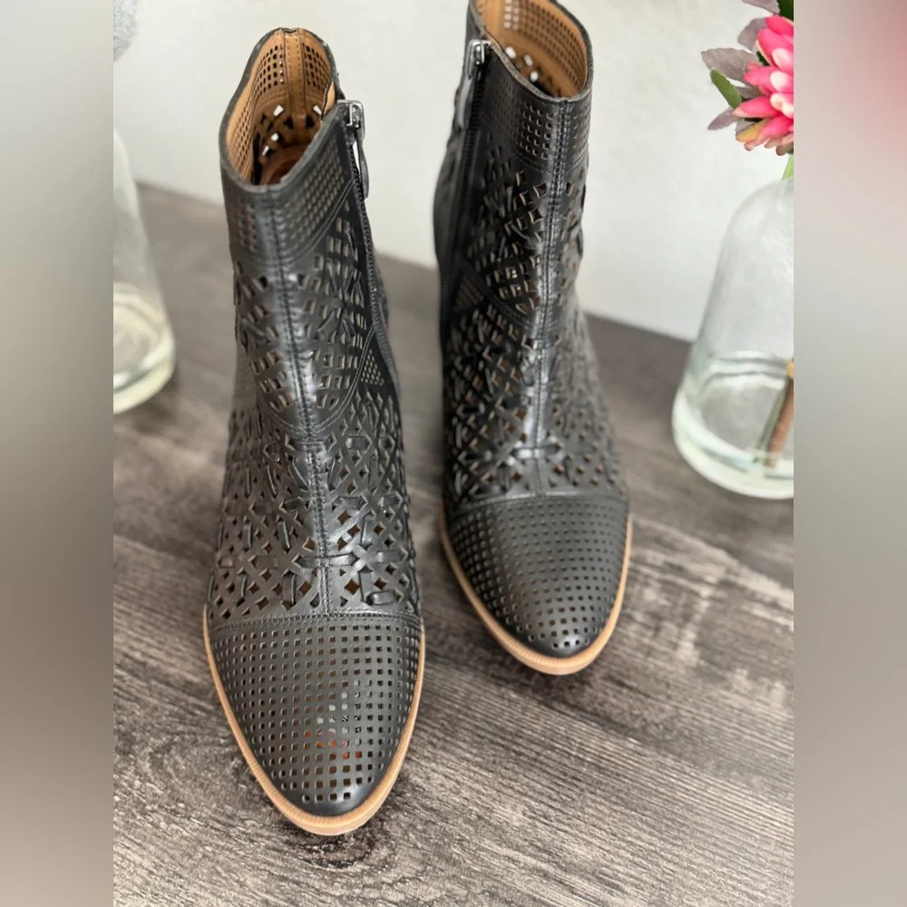Franco Sarto Black Perforated Leather Ankle Boots - Picture 1 of 8